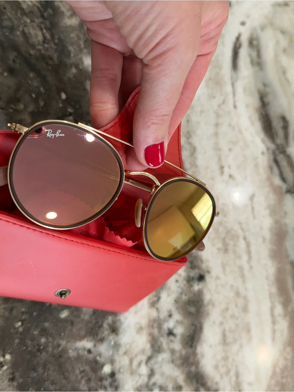 Ray-Ban Women's Rose Gold Frame Sunglasses with Brown Lenses and Red Case